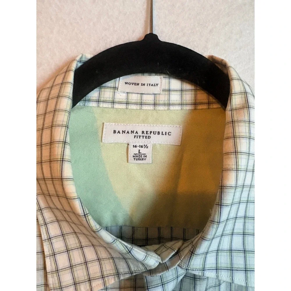 Banana Republic Fitted Long Sleeve Green Plaid Dress‎ Shirt Mens L